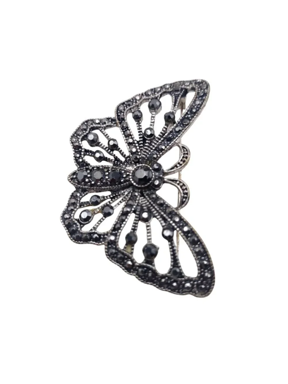Marcasite Butterfly Brooch Pin Filigree Silver Tone Crystal Insect Vintage